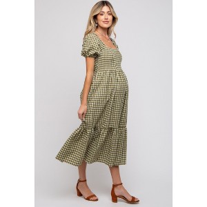 PinkBlush Olive Gingham Smocked Maternity Midi Dress - 1 of 4