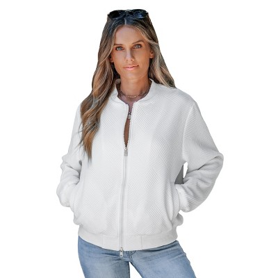 Women's White Ribbed Knit Standing Collar Bomber Jacket - Cupshe