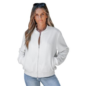 Women's White Ribbed Knit Standing Collar Bomber Jacket - Cupshe - 1 of 4
