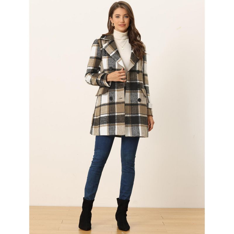 Allegra K Women's Notched Lapel Double Breasted Winter Plaids Overcoat, 4 of 7