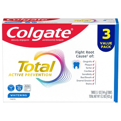 Colgate Total Whitening Fluoride Toothpaste - 5.1oz/3pk: Sugar-Free, Gluten-Free, Vegan, Mint Flavor