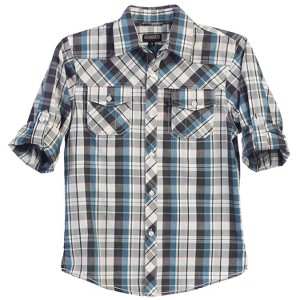 Gioberti Boy's Long Sleeve Roll Up Blue / Gray Plaid Checked Shirt, Size 2T - 1 of 3