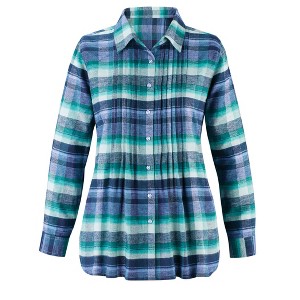 Collections Etc Pintuck & Plaid Flannel Button Front Long Sleeve Shirt Large Women Purple Multi - 1 of 4
