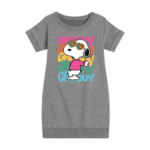 - Peanuts - Groovy Stacked Graphic Short Sleeve Fleece Dress - 1 of 4