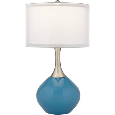 Possini Euro Design Modern Table Lamp Brushed Nickel Swift Blue Glass White Drum Living Room Bedroom House Bedside Nightstand Home