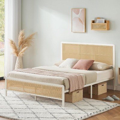 homfan Rattan Platform Bed Frame With Headboard, Modern Style Cane Boho Bed Frames With Heavy Duty Sturdy Steel Slat Support, No Box Spring Needed