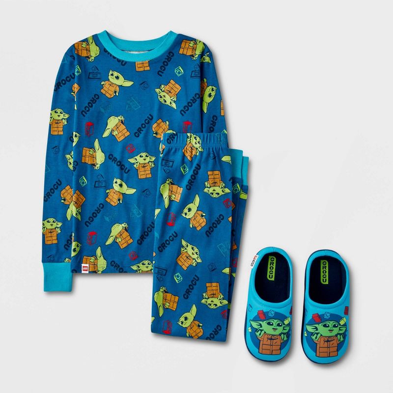  Boys' LEGO Star Wars: The Mandalorian 2pc Snug Fit Pajama Set with Slippers - Turquoise Blue, 1 of 5