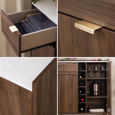 Natural Walnut and Faux Carrara Marble Bar Cabinet