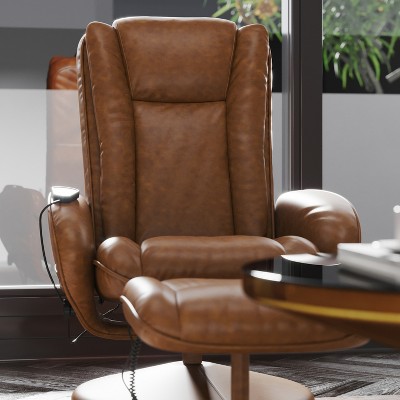 Brown Faux Leather Massaging Recliner with Ottoman and Metal Base