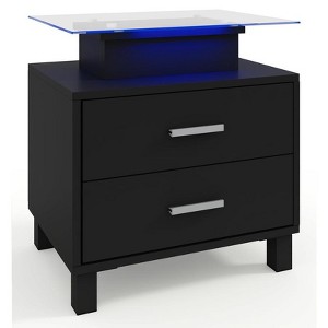 Modern White Nightstand with 2 Drawers, Glass Desktop, Charging Station and LED Lights - Ideal Bedside Table for Bedroom - 1 of 4