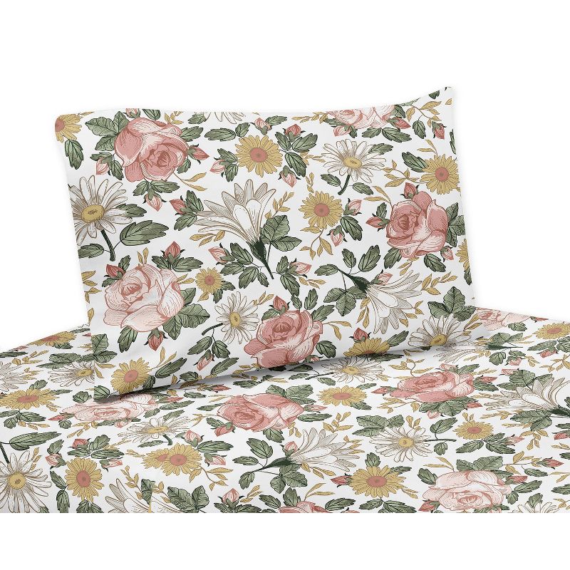 3pc Vintage Floral Twin Kids&#39; Sheet Set Pink and Green- Sweet Jojo Designs, 1 of 4