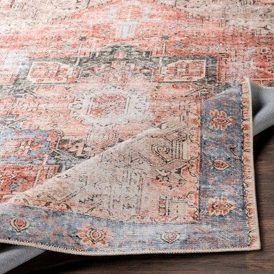 Vintage Blue and Rust Chenille Polyester Washable Area Rug