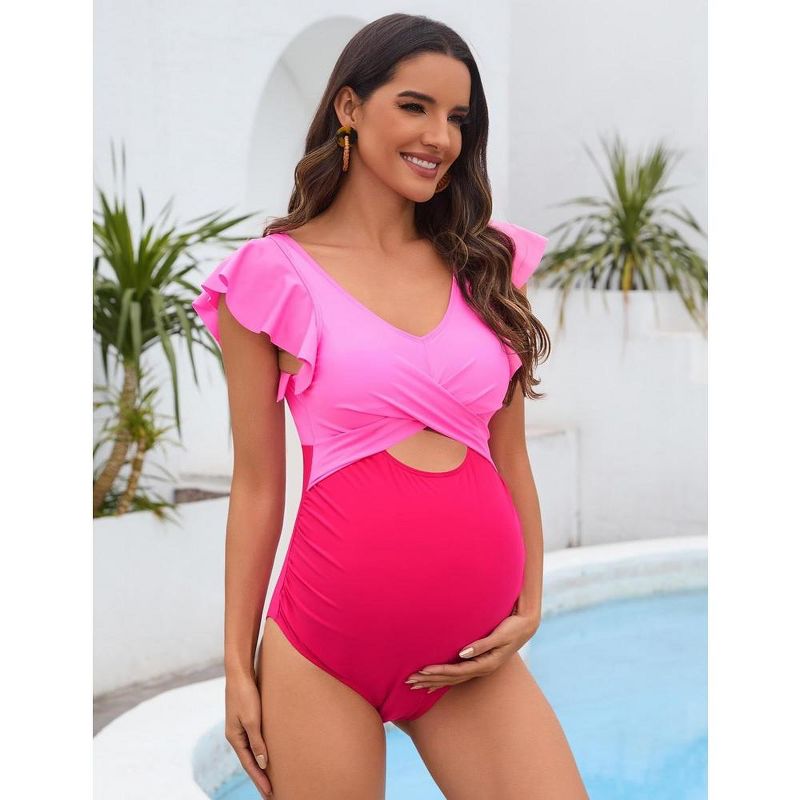 Ruffle Maternity Swimsuit One Piece High Waisted Pregnancy Bathing Suits Push Up Swimwear, 3 of 7