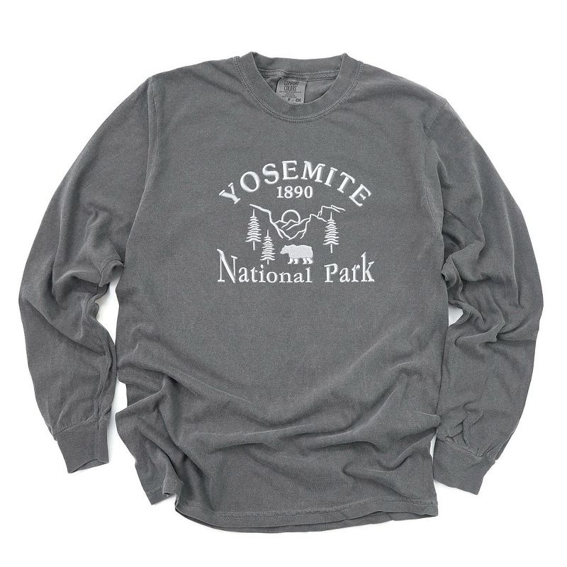 Simply Sage Market Women's Embroidered Yosemite National Park Long Sleeve Garment Dyed Tee, 1 of 5