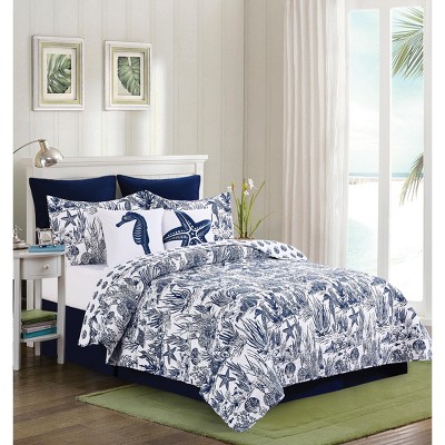 Reversible Blue Cotton King Coastal Quilt Set