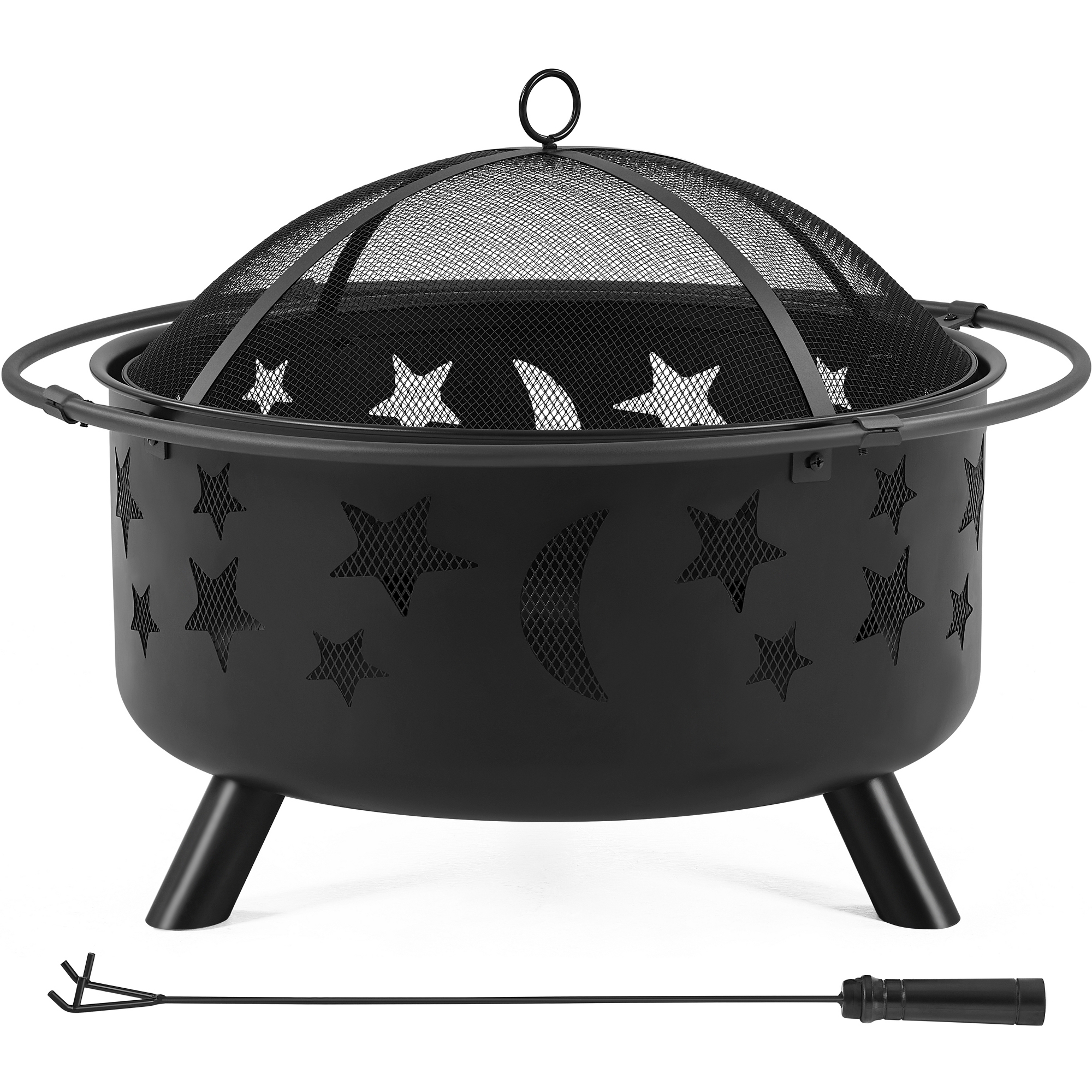 Yaheetech Outdoor Fire Pit Set Including Poker Mesh Cover with Stars Moons Pattern, Black