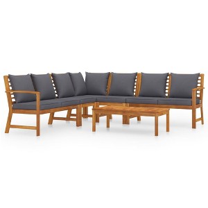 vidaXL Modern 6 Piece Patio Lounge Set, Solid Acacia Wood, Dark Gray Cushions - Easy Assembly - Includes Table, Corner Sofa, Benches and Cushions - 1 of 4