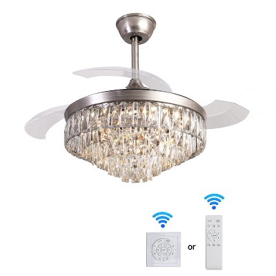 Duclsaty 42" Chandelier，Retractable Ceiling Fan, Silver, Remote, 6 Speeds, 3 Color Lights, for Bedroom/Living