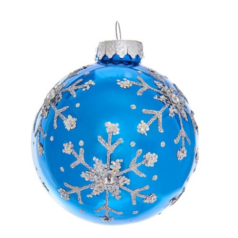 Kurt Adler 80mm Blue And Silver Glitter Snowflake Glass Ball Ornaments ...