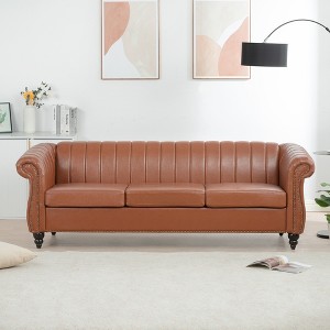 83.46" Brown PU Rolled Arm Chesterfield 3-Seater Sofa with Nailhead Trim and Quilted Backrest - 1 of 4