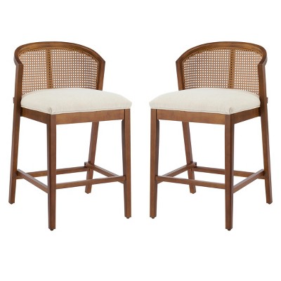 Armless Indoor Wooden Counter Stools Set of 2,Modern Fabric Upholstered Counter Height Bar Stool,Curved Rattan Back Boho Bar Chair-Coolbibila