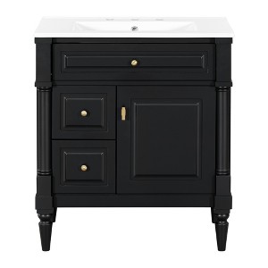 Gulches 30 in 18 in Undermount Rectangular Bathroom Sink in Black Solid Rubberwood MDF Ceramic with 3 Drawers Adjustable Shelf Metal Handles - 1 of 4