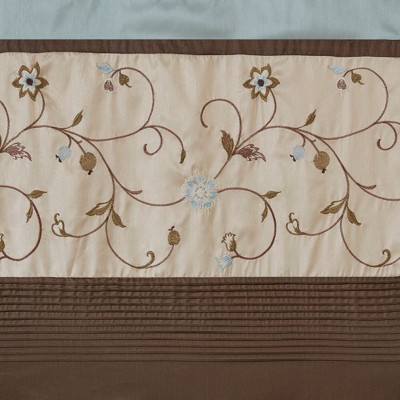 Blue Embroidered Light-Filtering Pleated Curtain Panel