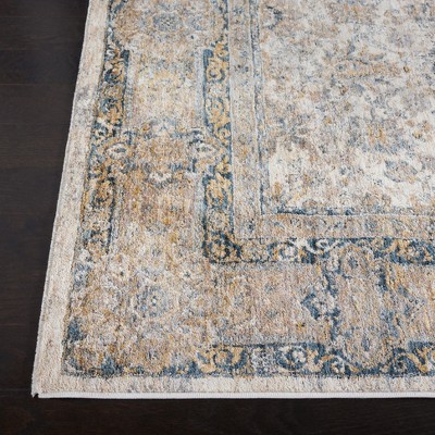 Ivory and Blue Hand-Knotted Square Synthetic Area Rug