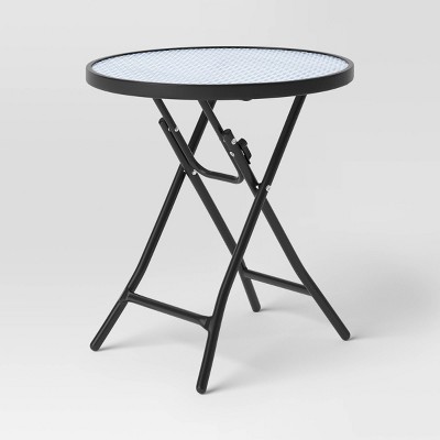 Glass Round Printed Folding Outdoor Portable Side Table Blue/White/Black - Room Essentials™