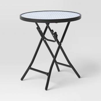 Glass Round Printed Folding Outdoor Portable Side Table Blue - Room Essentials™