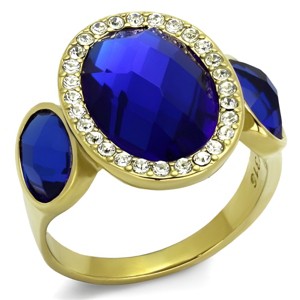 Slickblue Women's Gold Three-Stone Ring with Sapphire Center – Stainless Steel, Clear Accents, Sizes 5 to 10 - 1 of 4