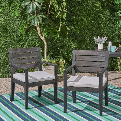 Outdoor Acacia Wood Patio Dining Chairs Set Of 2,Side Chairs With Cushions And Slatted Backrest,Wood Armrests Kitchen Chairs-Coolbibila