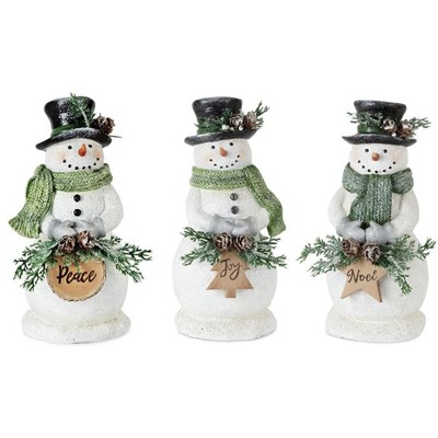 Holiday Snowman Figurine with Frosted Pine Accent (Set of 3)