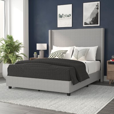 Gray Queen Upholstered Platform Bed with Linen Headboard