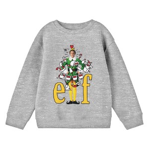 Elf Doodle on Buddy With Title Logo Youth Heather Gray Crew Neck Sweatshirt - 1 of 2