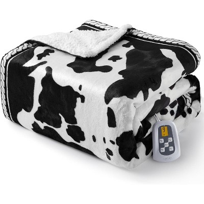 90x100 Inch Heated Blanket Electric Throw, Cow Print Electric Blanket Heating, 6 Heat Settings & 4H Auto Shut-Off, Soft Flannel Heat Blankets