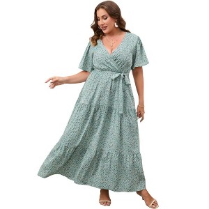 Garvee Women Plus Size V Neck Wrap Maxi Dress High Waist Ruffle Summer Casual Dress with Belt Short Sleeve - 1 of 4