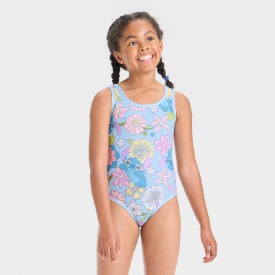 Girls' Stitch Floral Printed One Piece Swimsuit - Light Blue