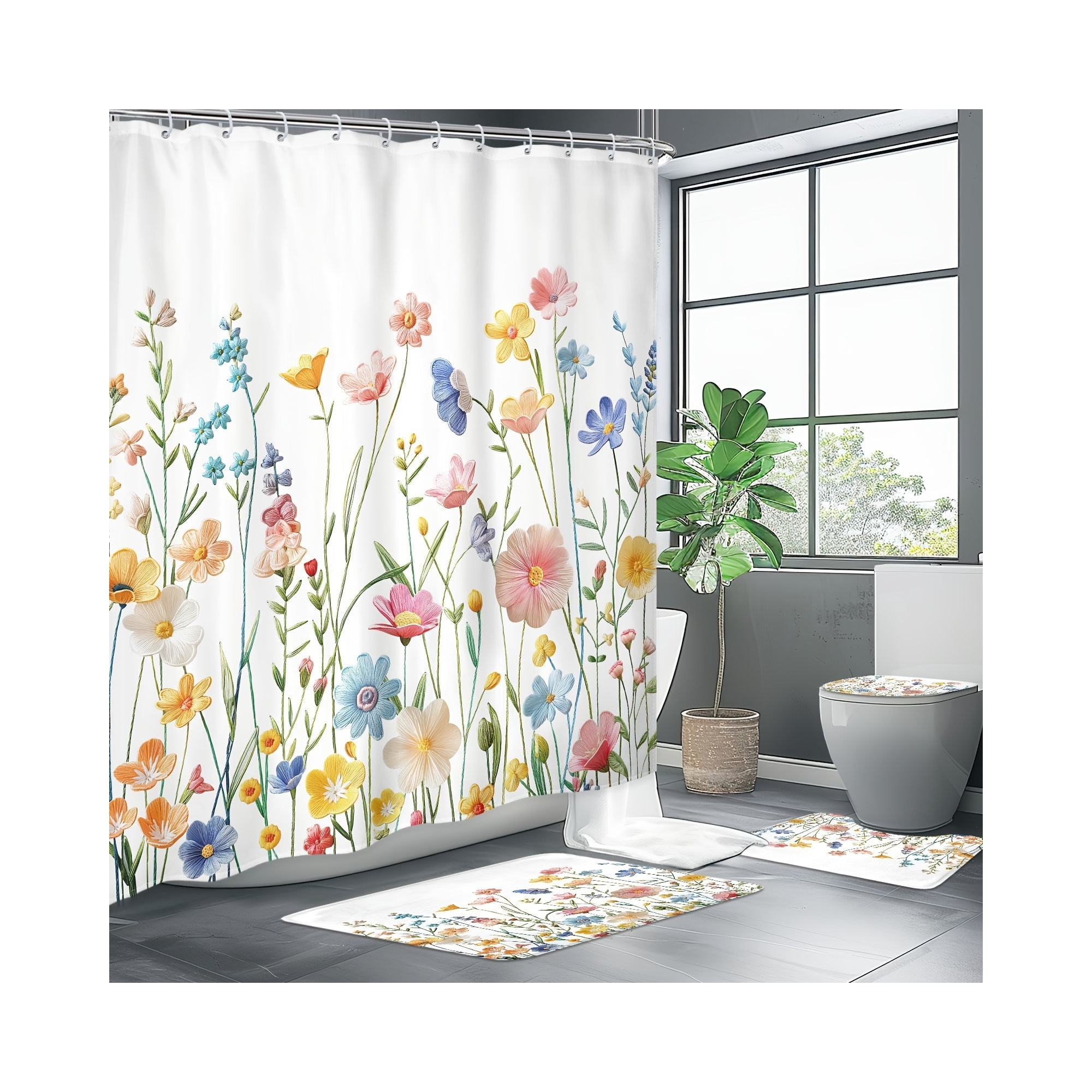 Lomsoe 4PCS Colorful Wildflower Bathroom 4 Piece Set, Waterproof Shower Curtain, Non-Slip Bath Mat, Soft Rug