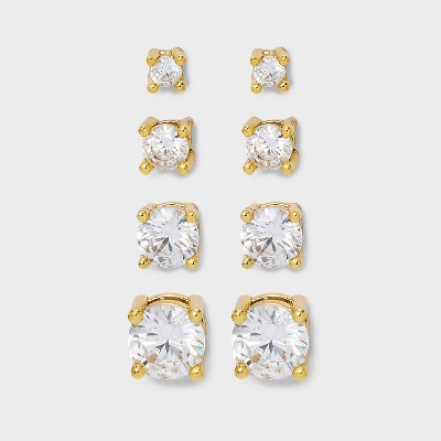 14K Gold Plated Cubic Zirconia Round Stud Earring Set 4pc - A New Day™ Gold