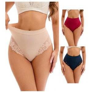 INSPIRE CHIC 3 Packs Women's Lace Trim High-Waisted Briefs Hi-Cut Tummy Control Underpants - 1 of 4