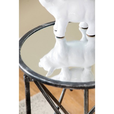 Antique Silver Round Metal and Glass Side Table