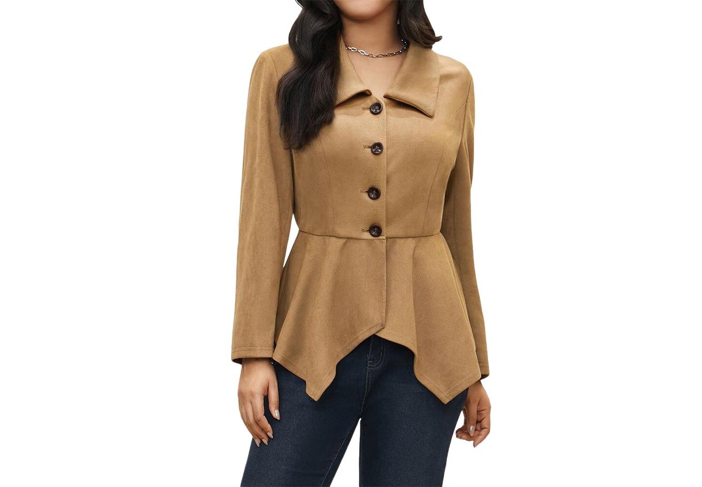 Женская куртка YesFashion Women Jacket Peplum Lapel Long Sleeve Outerwear for work shopping dating fall daily occasions, Khaki, цвет: Хаки — фото 1