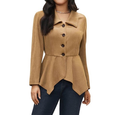 Женская куртка YesFashion Women Jacket Peplum Lapel Long Sleeve Outerwear for work shopping dating fall daily occasions, Khaki, цвет: Хаки