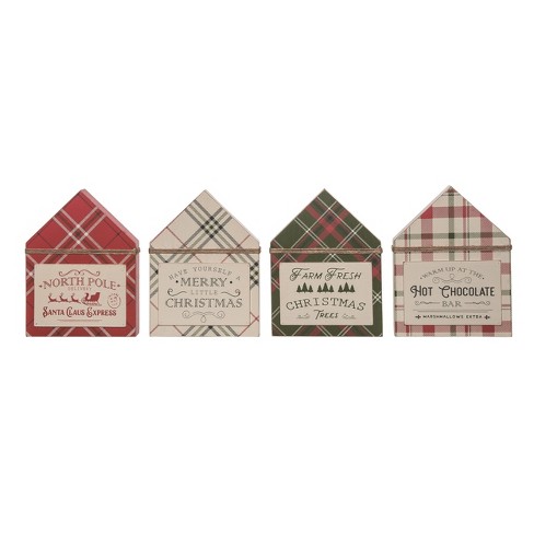 Transpac MDF Plaid & Home Shaped Block Decor Set of 4 Christmas Home Decorations - image 1 of 1