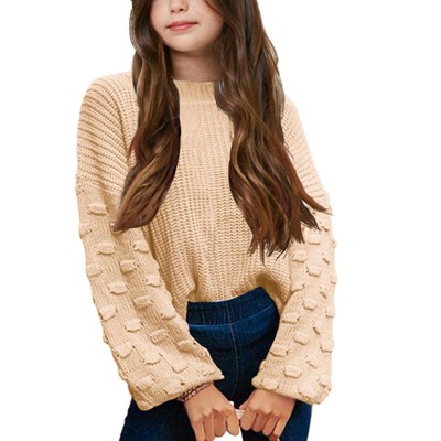 Girls Crewneck Knit Pullover Sweaters Long Lantern Sleeve Oversized Knit Cute Jumper Tops