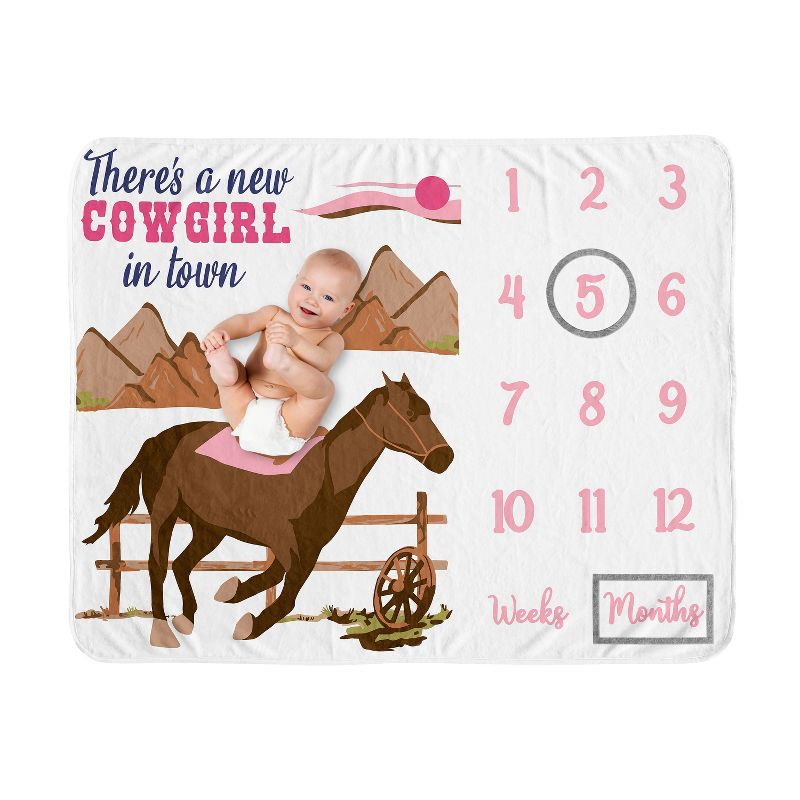 Sweet Jojo Designs Girl Baby Milestone Blanket Western Cowgirl Pink Brown and Beige, 1 of 7