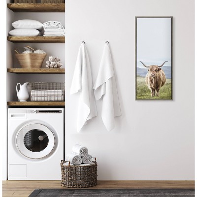 Highland Cow Mountain Landscape Gray Framed Canvas Wall Art