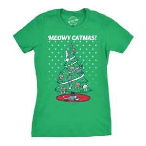 Womens Meowy Christmas Cat Shirt Tree Ugly Merry Crazy Funny Gift Sweater - Crazy Dog Women's T Shirt - 1 of 4