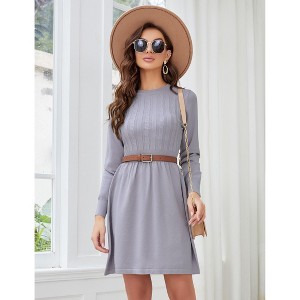 Women's 2025 Long Sleeve Mini Sweater Dress Crewneck Ribbed Knit a Line Pleated Swing Short Dresses - 1 of 4
